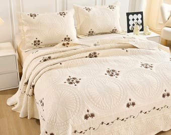 Juego de 3 piezas de colcha de algodón bordada, cubrecama acolchado tamaño King/Queen, ropa de cama estilo rústico, edredón ligero, decoración veraniega estilo cottagecore.