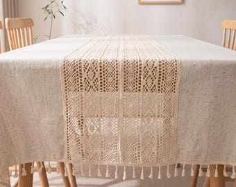 Mantel de encaje de ganchillo estilo bohemio con flecos de borlas, mantel de comedor color crema, mantel rústico de boda estilo granja, calado calado estilo cottagecore.