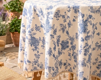 Mantel redondo floral azul con borlas, mantel con borlas botánicas estilo toile, mantel de comedor de estilo rústico campestre, regalo de inauguración de casa boho