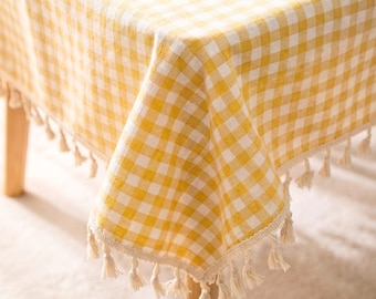 Mantel de cuadros amarillos, decoración de comedor estilo granja, algodón para cocina estilo cottagecore, funda rústica con borlas, textil para mesa de picnic de verano