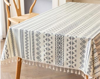 Mantel de algodón y lino, decoración de comedor estilo bohemio rústico, mantel de verano para exteriores, mantel rectangular con borlas, estampado geométrico escandinavo.