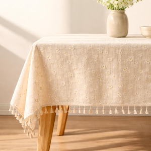 Summer Cotton Linen Tablecloth with Tassels, Boho Rustic Farmhouse Style for Dining, Farmhouse Kitchen Decor, Rustic Table Linen