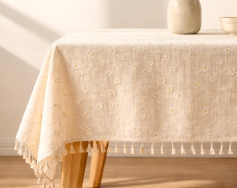Mantel de lino y algodón de verano con borlas, estilo rústico bohemio para comedor, decoración de cocina rústica, mantelería rústica