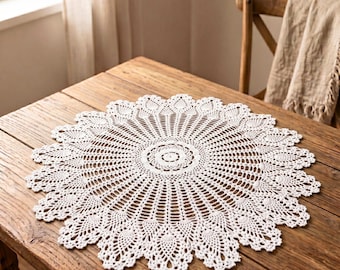 Tapete redondo de ganchillo vintage, tapete de mesa de encaje, centro de mesa de algodón hecho a mano estilo granja, regalo rústico de inauguración de casa, decoración bohemia para el hogar