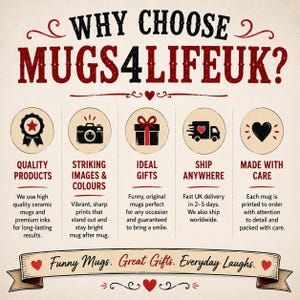May include: An informational graphic titled WHY CHOOSE MUGS4LIFEUK? featuring five circular icons representing quality products, striking images, gifts, shipping, and care. The text includes descriptions of ceramic mugs and printing processes.