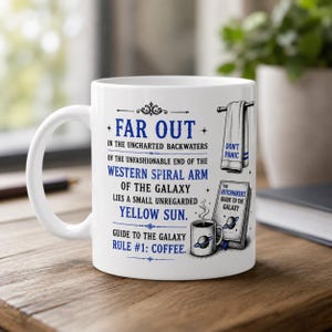 Hitchhiker's Guide to the Galaxy Coffee Mug,  Sci Fi Coffee Cup, Geek Mug, Book Lover Gift, Don't Panic Mug, Funny Reader Gift
