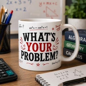Könnte beinhalten: Weiße Keramik-Tasse mit dem Text "WHAT'S YOUR PROBLEM?" in Schwarz und Rot, verziert mit mathematischen Gleichungen. Ein humorvolles Geschenk für Mathe-Enthusiasten.