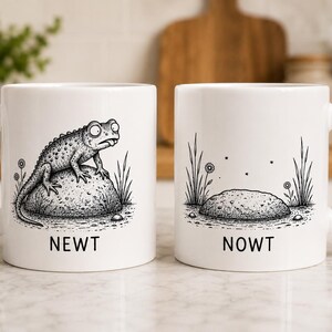 May include: Two white ceramic mugs featuring black ink illustrations. The left mug shows a newt on a rock with the text NEWT below. The right mug shows an empty rock with the text NOWT below. Both mugs have a handle and a simple cylindrical shape.
