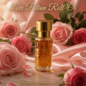 May include: An amber-coloured roll-on bottle with a gold cap and an ornate design, labelled "Love Potion Roll-On." The bottle is surrounded by pink roses and rests on a pink satin surface. The text "Romantic Aromatherapy Fragrance" is also present.