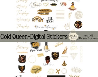 Black Woman Gold Queen Digital Stickers, Goodnotes (PDF, PNG)