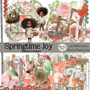Può includere: Un pacchetto di carta digitale a tema primaverile. Il pacchetto include immagini di fiori, farfalle, uccelli, conigli, una bicicletta, un cestino e una bambina. I colori sono rosa, verde e marrone. Il testo "Springtime Joy" e "Instant Download" sono inclusi nell'immagine. Il testo "300 DPI ELEMENTS" e "DIGITAL PAPER 12X12" sono anche inclusi nell'immagine.