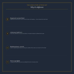 May include: A dark blue informational graphic titled The Executor Action Kit: Why it's different. It lists four features: Sequenced, not just listed; A directory built for it; Reimbursement, covered; and Print or go digital, each with a gold icon.