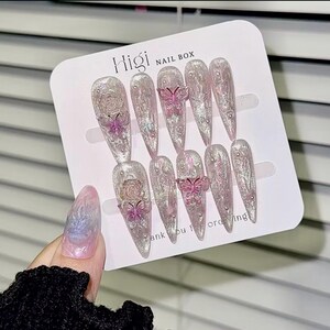 Luxury White 3D Flower Press On Nails, Long Stiletto Chrome Nails, Handmade Glue On Nails, Bridal Wedding Nails, Reusable False Nails