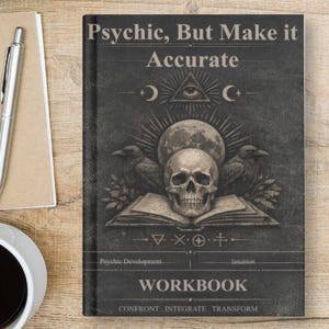 May include: A workbook titled "Psychic, But Make it Accurate" with a skull and raven illustration. The book is on a wooden surface with a notepad, pen, and a cup of coffee. The text "INSIDE, YOU'LL FIND:" is also visible.