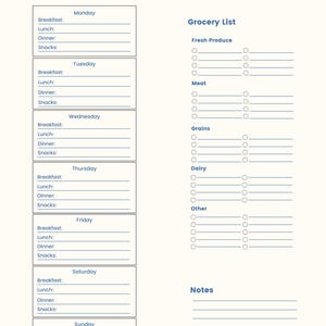 Könnte beinhalten: Ein Wochenplaner für die Essenszubereitung mit einer hellrosa Überschrift „WEEKLY MEAL PREP PLANNER“. Der Planer enthält Abschnitte für jeden Wochentag mit Platz für Frühstück, Mittagessen, Abendessen und Snacks. Eine Einkaufsliste und ein Notizenbereich sind ebenfalls enthalten.