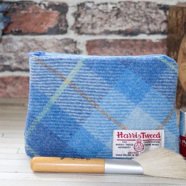 HARRIS TWEED make-up bag, cosmetics bag, blue tartan pattern