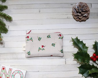 Coin purse, change purse, Christmas purse, with robins and holly