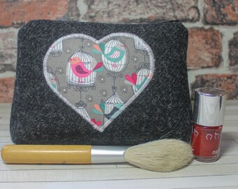 HARRIS TWEED make-up bag, cosmetics bag, charcoal black Harris Tweed with heart applique and birds