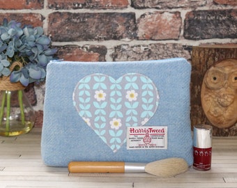 HARRIS TWEED Large Make-up bag, cosmetics bag, pale blue tweed