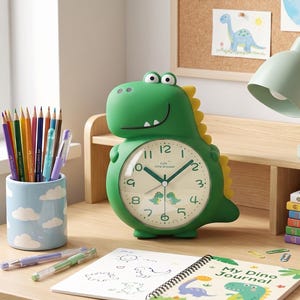 Budzik z dinozaurem, lampka nocna z kreskówkową grafiką, zegar analogowy do pokoju dziecięcego