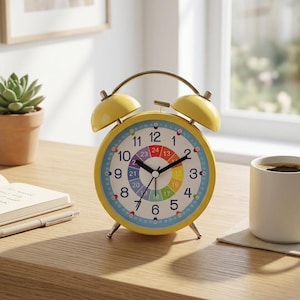 May include: A yellow retro alarm clock with a white face and colorful hour markers. The clock has a gold-colored handle and bells on top. The clock is on a wooden surface next to a cup of coffee.