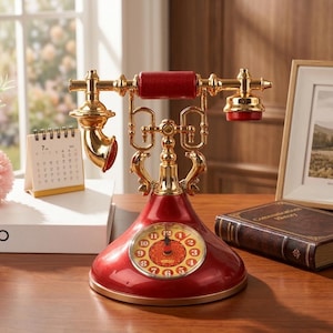 May include: A vintage-style red and gold telephone with a clock face. The rotary dial phone features a red base, a gold-colored handset, and a red receiver. The phone is a decorative item, likely for a desk or table.