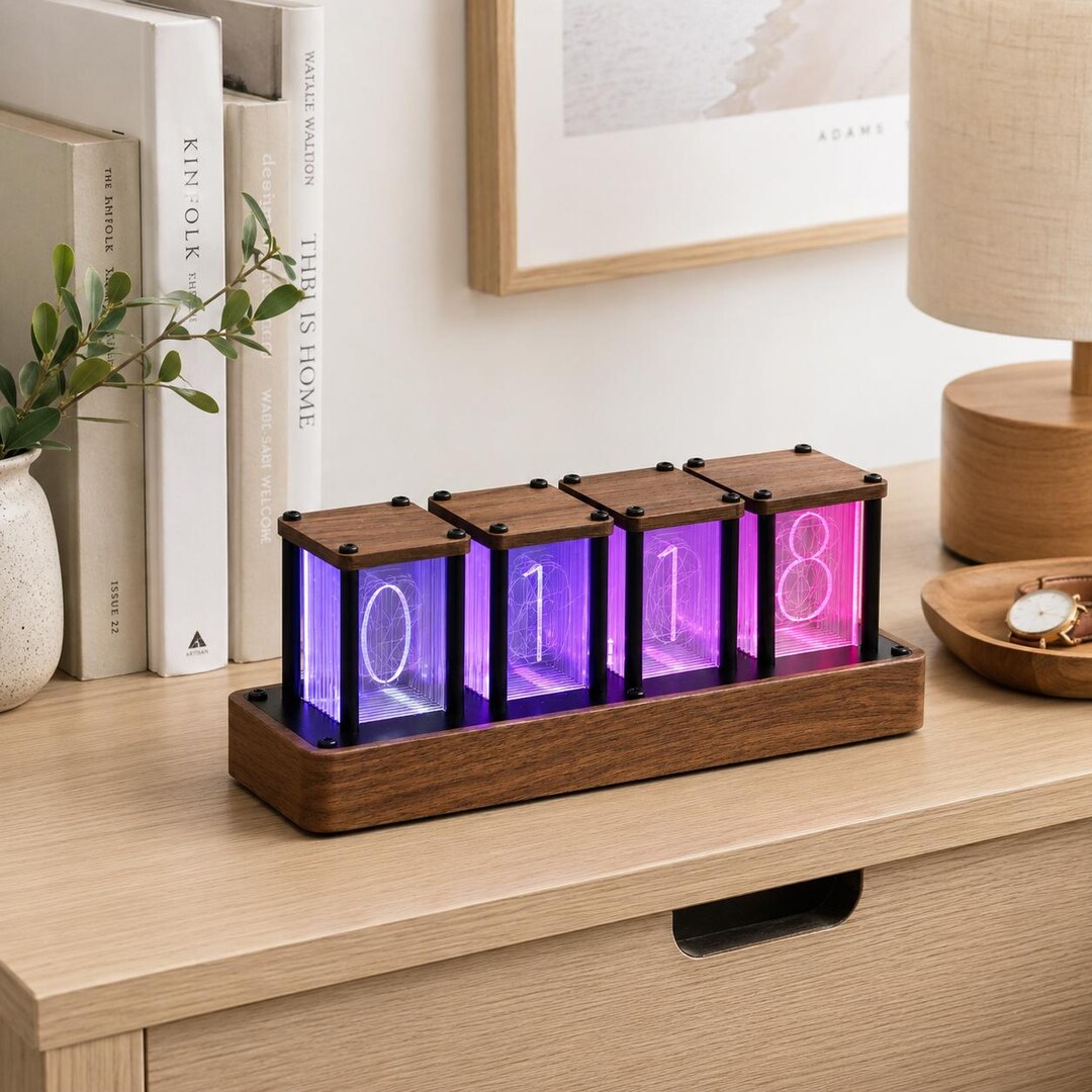 RGB Tube Desk Clock, Retro Wooden LED Alarm Display for Bedroom - Etsy