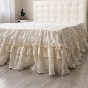 Linen Bedspread with Double Ruffle | Linen Bed Skirt | Ruffled Linen Coverlet | Farmhouse Bed Cover