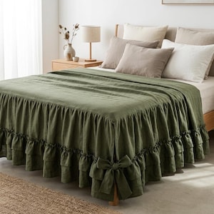 Linen Bedspread with Double Ruffle | Ruffled Linen Coverlet | Cottagecore Bedding | Farmhouse Bed Cover