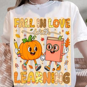 Fall In Love With Learning PNG Retro Teacher Fall Sublimation Design Groovy Pumpkin Book Digital Download Fall Educator Autumn Book Clip Art
