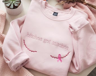 Embroidered Breast Cancer Awareness Sweatshirt, Pink Ribbon Uniboober Shirt