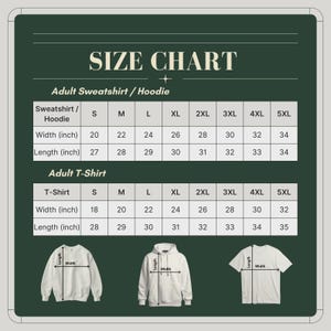 K&ouml;nnte beinhalten: Eine Gr&ouml;&szlig;entabelle f&uuml;r Sweatshirts, Hoodies und T-Shirts f&uuml;r Erwachsene. Die Tabelle zeigt die Ma&szlig;e in Zoll f&uuml;r Breite und L&auml;nge in verschiedenen Gr&ouml;&szlig;en von S bis 5XL. Enth&auml;lt Abbildungen der Kleidungsst&uuml;cke.