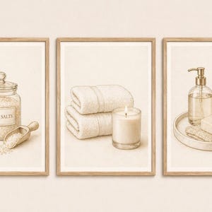 SPA EDIT Väggkonst Set med 3 Neutrala Badrumstryck, Minimalistisk Badrumsinredning, Lugn Estetisk Konst, Badsalt Handdukar Ljus Utskrivbara, Beige