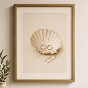 Puede incluir: Impresión en tonos sepia enmarcada, que representa una concha con dos anillos y una cadena. La obra de arte es una ilustración detallada, sobre un fondo neutro, en un marco dorado. El conjunto es elegante y minimalista.