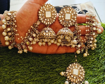Handmade Kundan Bridal Jewelry Set | Jhumka & Earrings | Mirror Work Jewelry