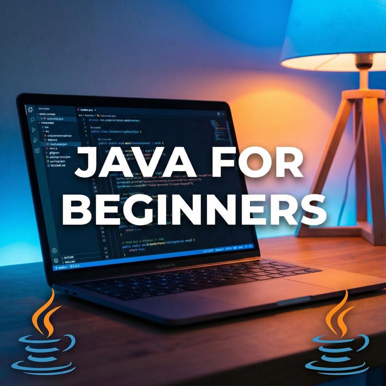 Puede incluir: Un port&aacute;til que muestra c&oacute;digo con el texto "JAVA FOR BEGINNERS" en blanco. El logotipo de Java est&aacute; en la esquina inferior izquierda. Una l&aacute;mpara est&aacute; en el fondo. El port&aacute;til est&aacute; sobre un escritorio de madera.