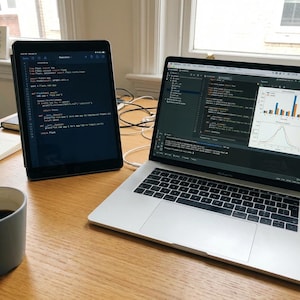 Puede incluir: Un espacio de trabajo con un port&aacute;til y una tableta que muestran c&oacute;digo. El port&aacute;til est&aacute; abierto, mostrando una interfaz de codificaci&oacute;n con gr&aacute;ficos. Una taza de caf&eacute; est&aacute; en el escritorio de madera. La tableta muestra l&iacute;neas de c&oacute;digo.