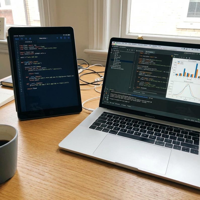 Puede incluir: Un espacio de trabajo con un port&aacute;til y una tableta que muestran c&oacute;digo. El port&aacute;til est&aacute; abierto, mostrando una interfaz de codificaci&oacute;n con gr&aacute;ficos. Una taza de caf&eacute; est&aacute; en el escritorio de madera. La tableta muestra l&iacute;neas de c&oacute;digo.