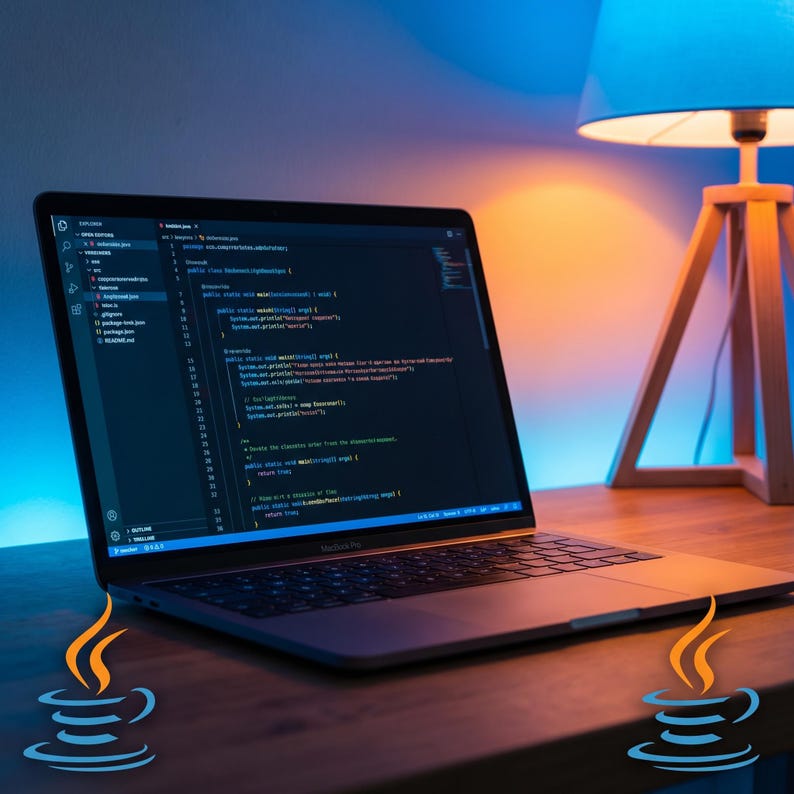 Puede incluir: Un port&aacute;til con c&oacute;digo en un escritorio de madera. La pantalla muestra una interfaz oscura con texto blanco. Una luz degradada azul y naranja ilumina el fondo. Una l&aacute;mpara de madera con una pantalla azul est&aacute; a la derecha. Logos de Java abajo.