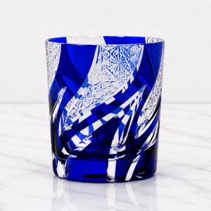 Edo Kiriko Cobalt Blue Whisky Glass · Hand-Cut Japanese Crystal Tumbler · Luxury Bourbon Rocks Glass Barware Gift