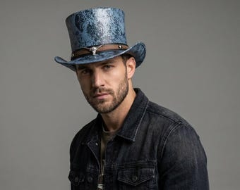 Cracked Silver Leather Top Hat Bull Skull Band Victorian Steampunk Hat