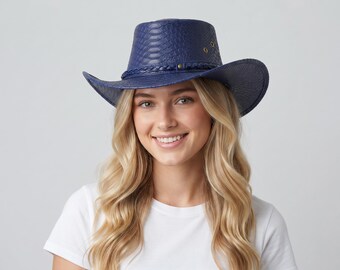 Navy Blue Snakeskin Cowboy Hat, Braided Band, Handmade Western Wide Brim