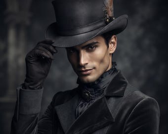 Handmade Black Leather Top Hat: Steampunk Gothic Victorian Feather Cosplay