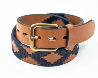 Tan Leather Belt, Navy Geometric Embroidery, Brass Buckle, Handmade Polo Style"