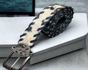 Handmade Black White Cowhide Leather Belt Braided Western Style Silver Buckle Unique