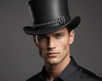 Black Leather Top Hat | Silver Chain Buckle Band Gothic Biker Cap | Steampunk Victorian Headwear