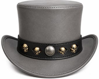 Grey Leather Skull Top Hat: Gothic Steampunk Biker Cosplay Victorian Industrial Style