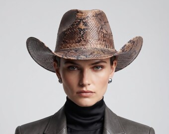 Snake Embossed Leather Cowboy Hat Handmade Western Festival Rodeo Hat Unisex Brown