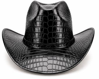 Black Crocodile Embossed Leather Cowboy Hat | Western Rodeo Festival Headwear