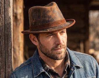 Distressed Brown Leather Fedora Hat Handmade Vintage Trilby Travel Hat Gift for Men
